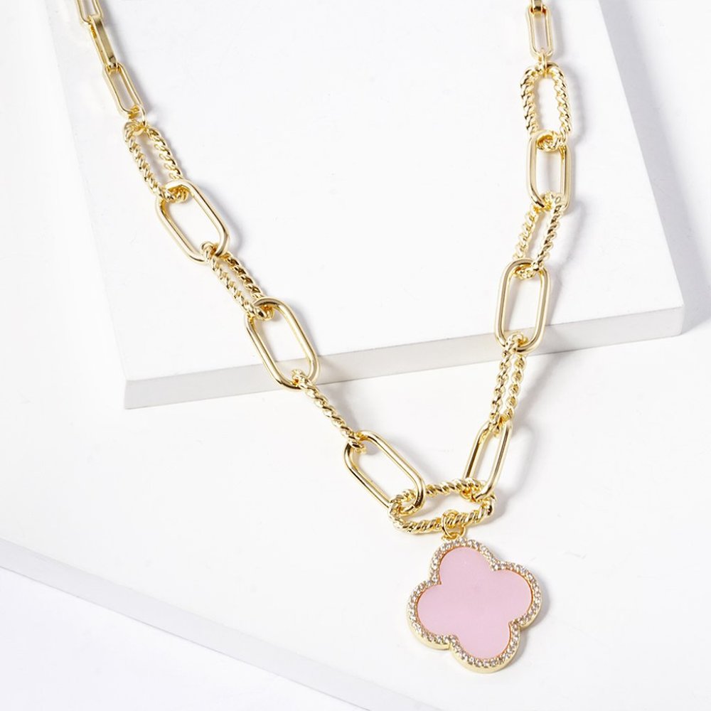 Gold Dipped Paperclip Chain Necklace with pink Quatrefoil Pendant